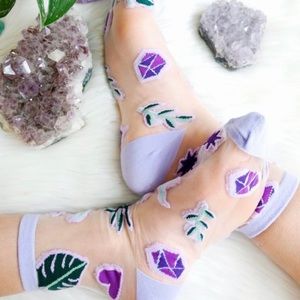 Goddess Provisions Embroidered Sheer Mesh Ankle Socks in Purple Cosmic Flora
